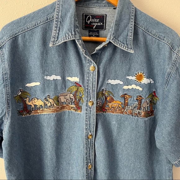 Let’s Quizz Again New York Noah’s Ark Embroidery Blue Jean Button Down Sz Medium - Picture 4 of 10